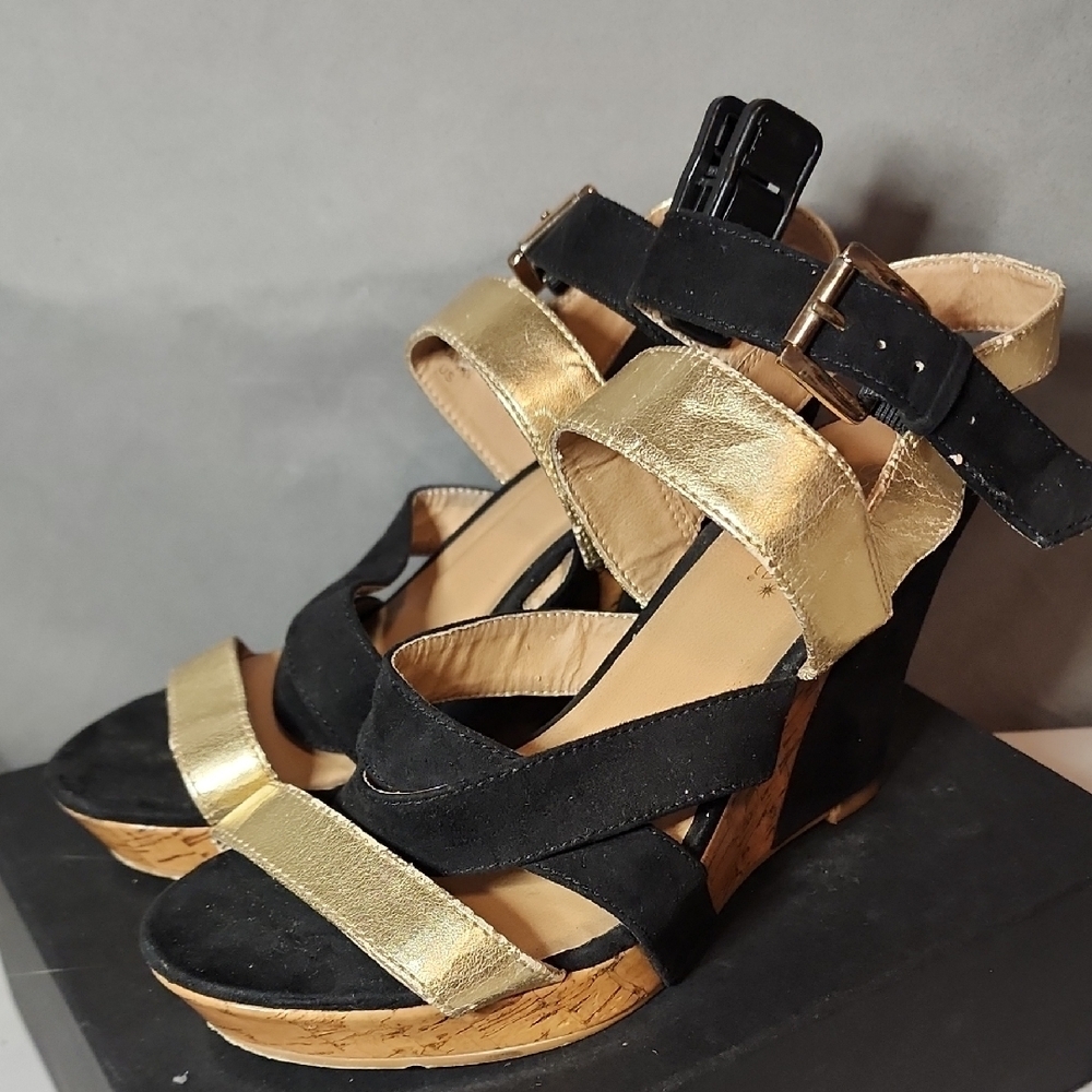 Elegant Black and Gold Women's Wedge Sandals